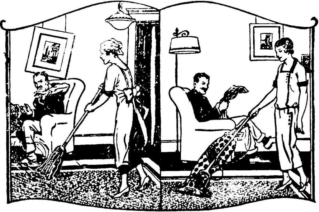 Grouchy-looking man in unkempt room where aproned woman is sweeping, juxtaposed with relaxed man in well-kept room where nicely dressed woman is vacuuming.