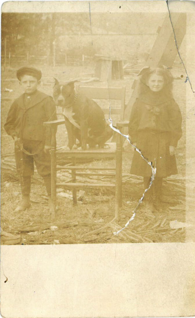 Two children outside, standing next to a dog seated on a chair.