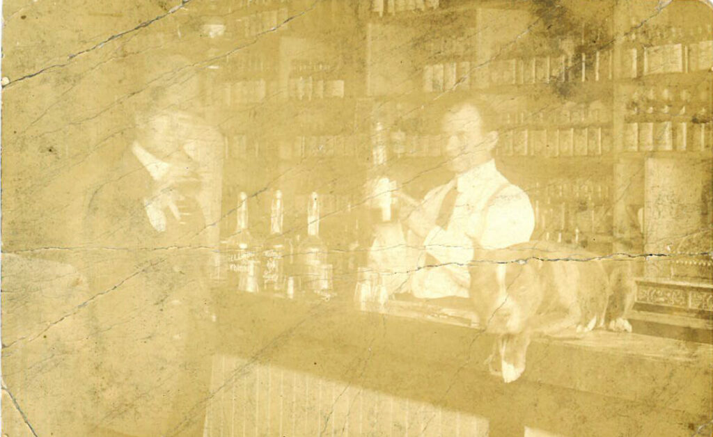 Two men on either side of a saloon bar, with dog lounging on the bar