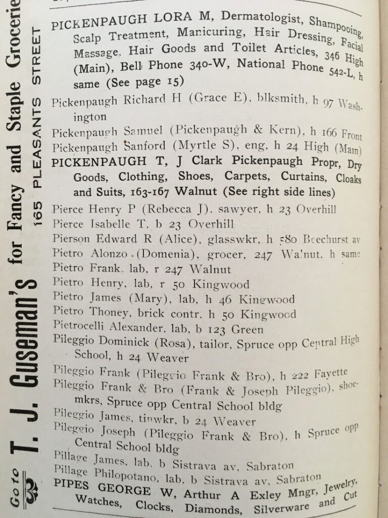 Page from a city directory, showing families with last names in the P's