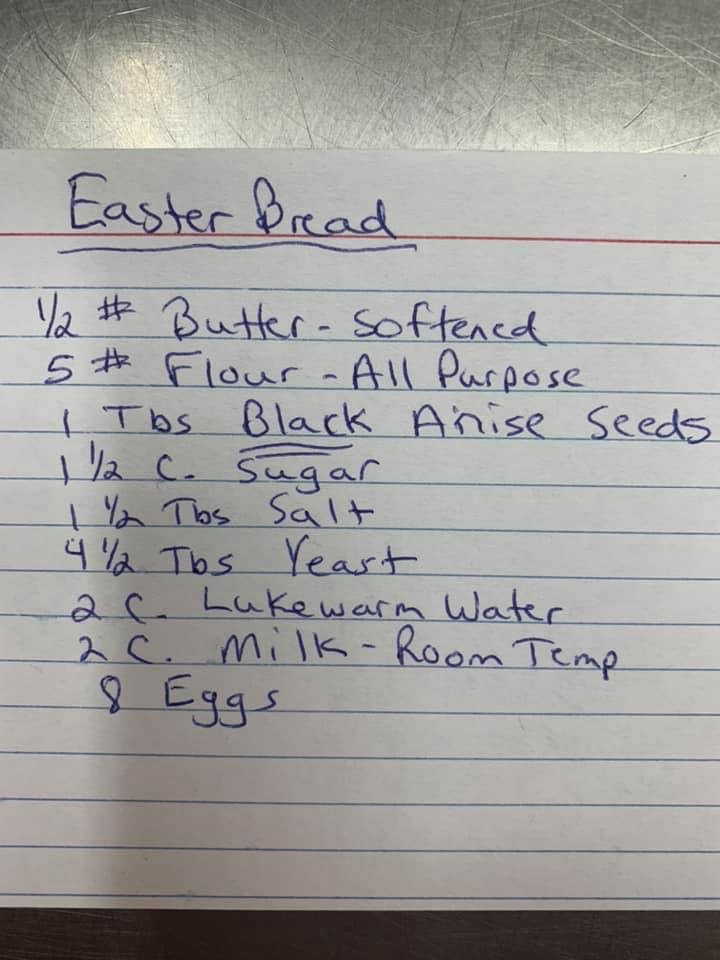 Handwritten ingredient list for Easter Bread