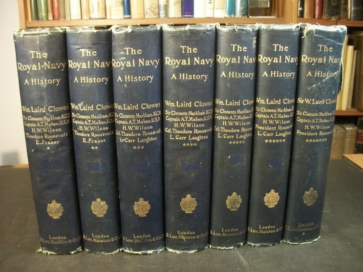 Row of book spines of the set "The Royal Navy, A History"