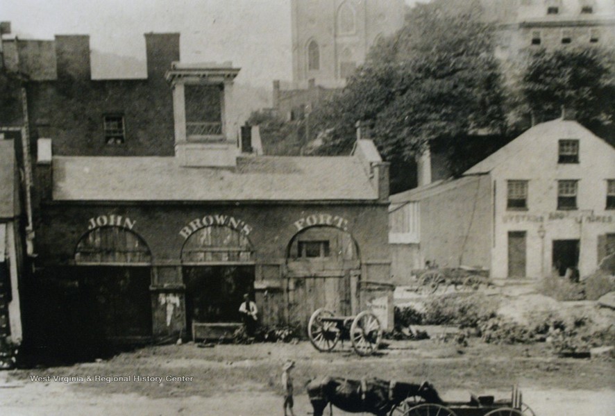 Harpers Ferry Engine House with the words "John Brown's Fort" painted on