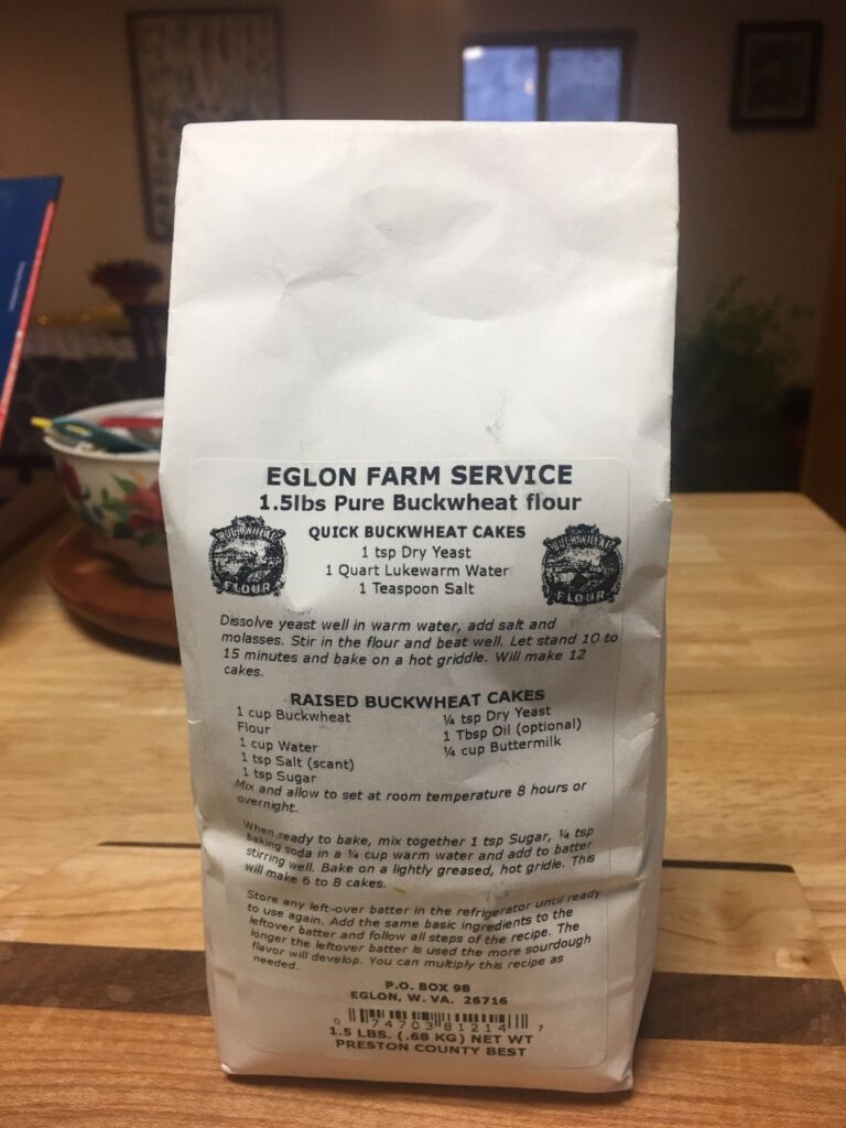 Bag of buckwheat flour with cakes recipe printed on it