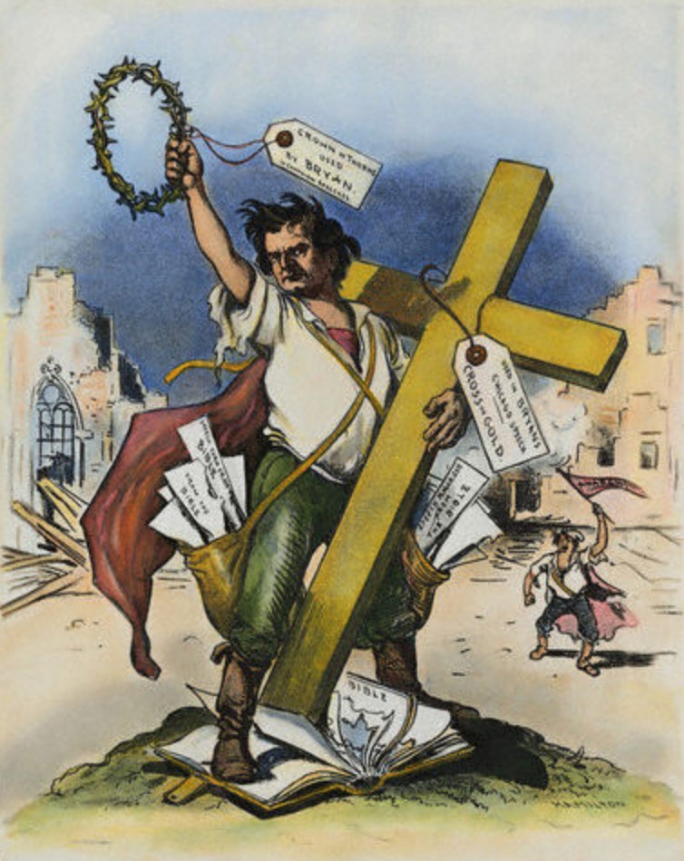 Political cartoon referencing William Jennings Bryan and a cross of gold.