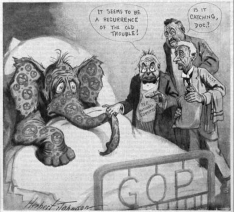 A political cartoon showing the GOP elephant sick because of Teddy Roosevelt