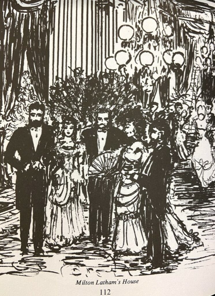 Sketch showing people in fancy dress at Milton Latham's house