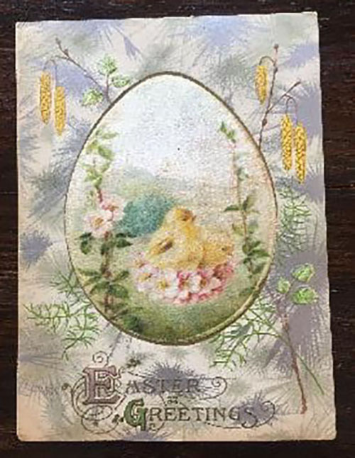 Easter postcard showing chick and egg surrounded by natural greenery