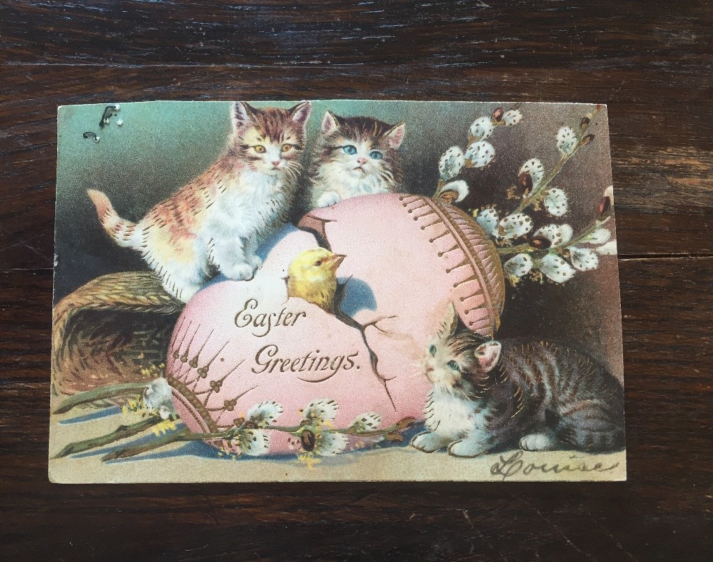 Easter postcard showing chick emerging from egg surrounded by kittens