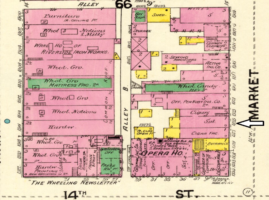Colored Sanborn map showing buildings along Market Street