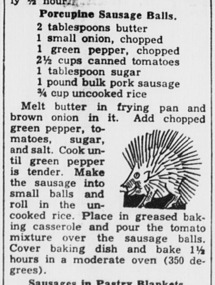 Recipe for porcupine balls featuring a cartoon illustration of a porcupine