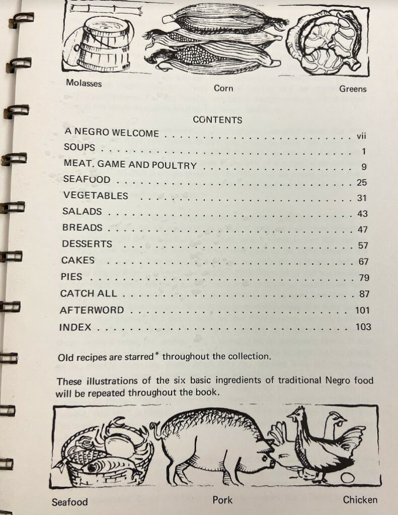 Contents page of "A Good Heart and A Light Hand" includes the following subjects, "A Negro Welcome; Soups; Meat, Game and Poultry; Seafood; Vegetables; Salads; Bread; Desserts; Cakes; Pies; Catch All; Afterwod; Index"