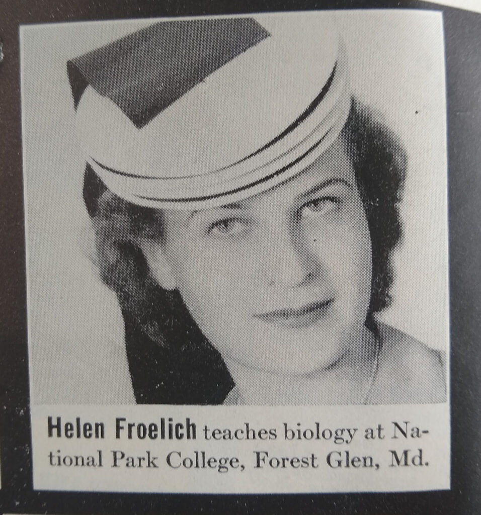 Photo of Helen Holt with the caption, "Helen Froelich teaches biology at National Park College, Forest Glen, Md."