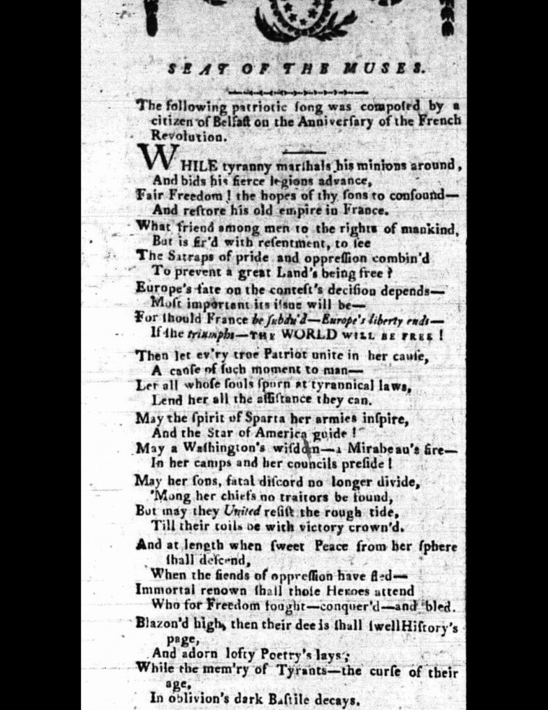 Newspaper clipping with lyrics to a "patriotic song" regarding the French Revolution
