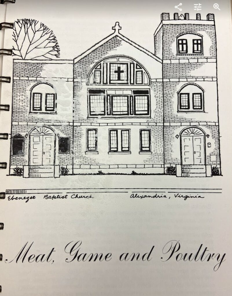 A page from a cookbook introducing the chapter, "Meat, Game and Poultry" featuring an illustration of Ebenezer Baptist Church in Alexandria, Virginia