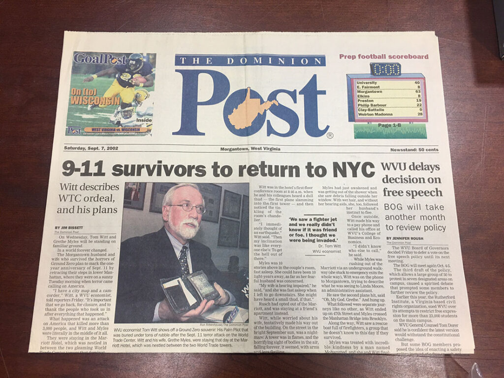 Front page of Dominion Post newspaper with headline "9-11 survivors to return to NYC"