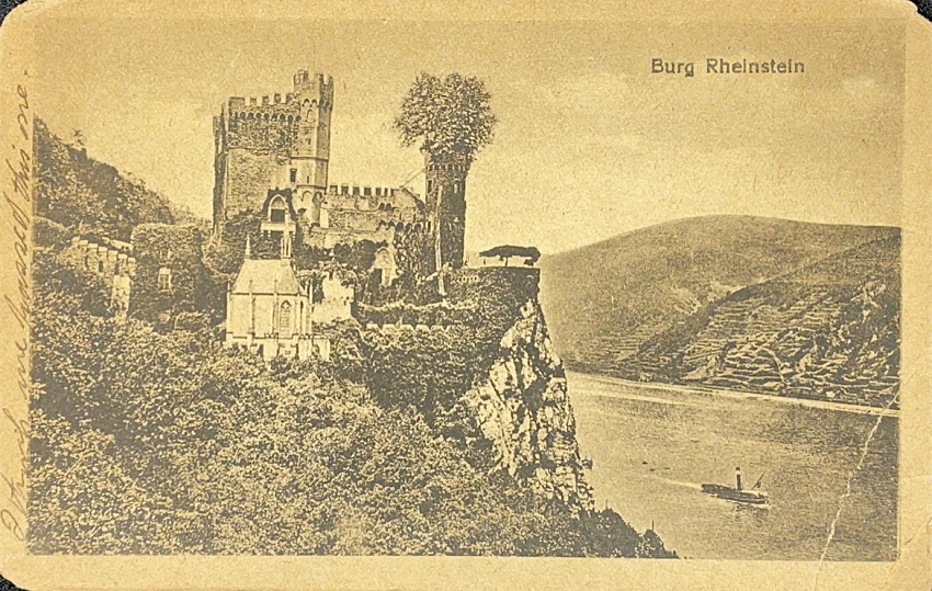 A postcard with an old image of Burg Rheinstein. 