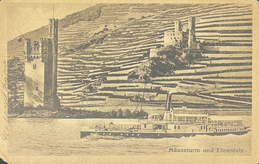 A postcard with an old image of Mäuseturm und Ehrenfels