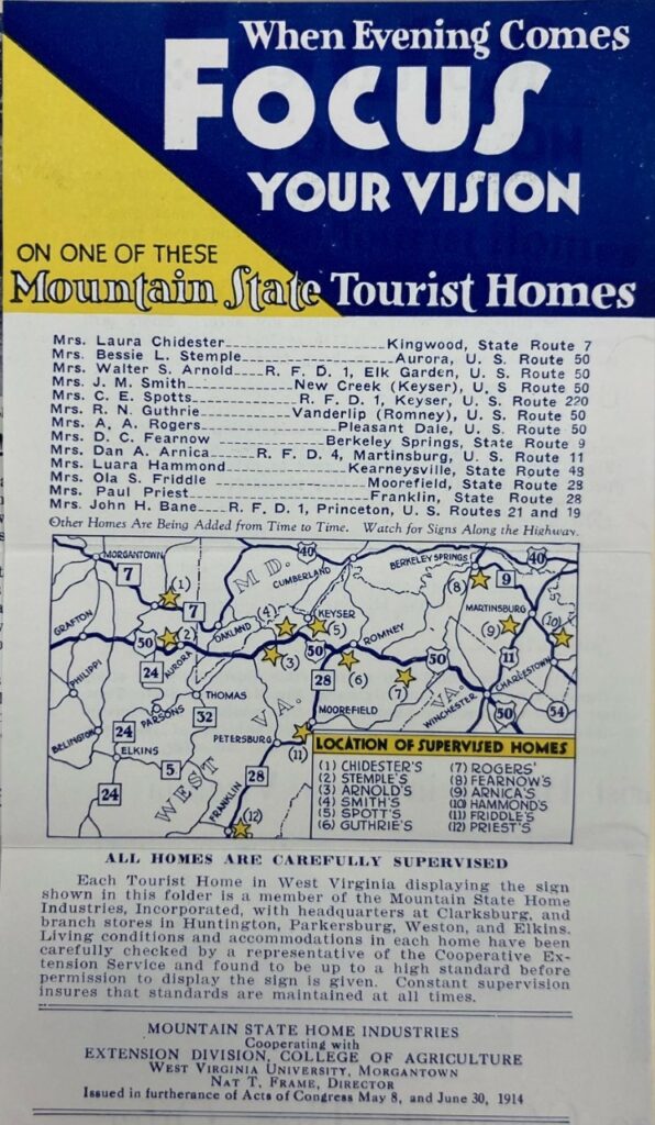 a brochure listing tourist homes and their locations, pre-1932.
