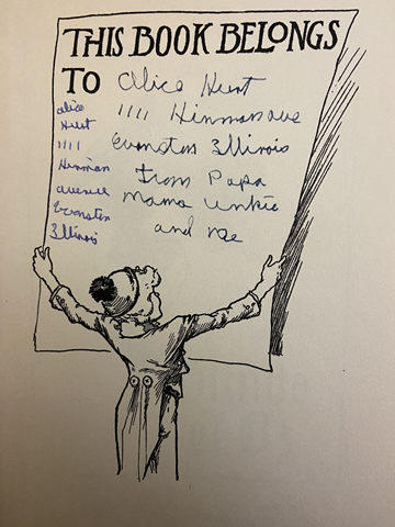 A bookplate from L. Frank Baum's "Glinda of Oz," with an inscription reading "From Papa, Mama, Unkie and me," and Alice's name and address written twice. 