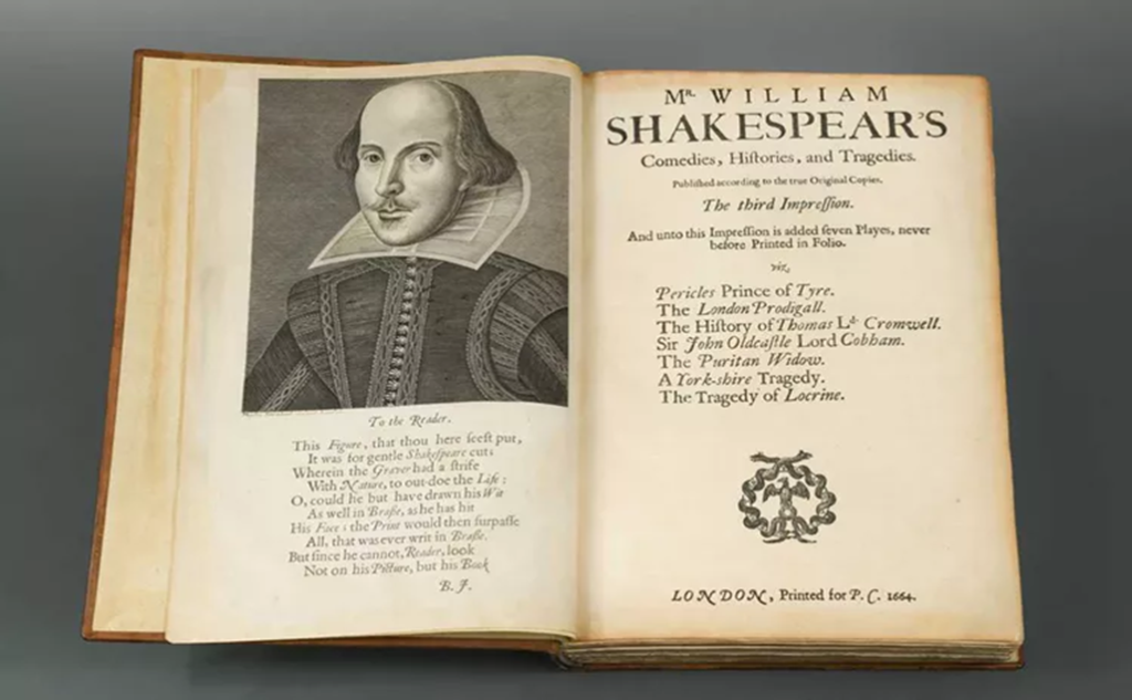 William Shakespeare's third folio, open to the title pages. On the left is an illustration of the author. on the right the title page. 