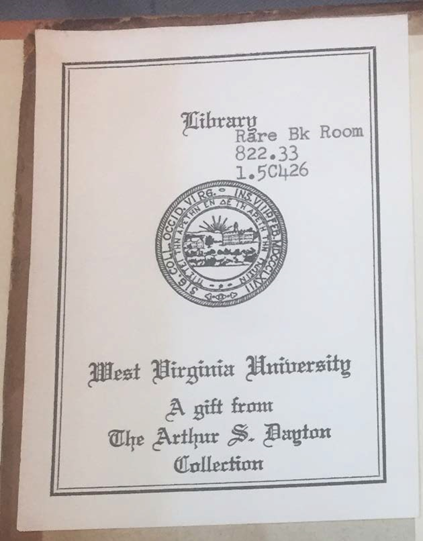 A bookplate showing WVU's documentation of Arthur Dayton's gift of the folio. 