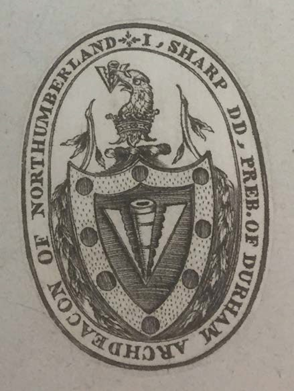 Thomas Sharpe's book stamp, used in the third folio. It is an oval with a shield inside, the head of a bird is over the top point of the shield, and laurels surround the outside