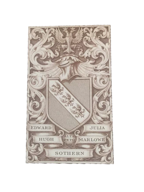 An ornately decorated bookplate with a shield in the middle and ribbons reading "Edward Hugh" and "Julia Marlowe" and below, "Southern."