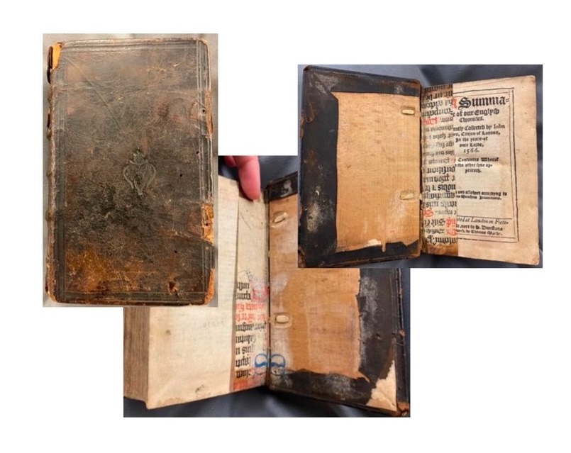 Three images of old manuscripts, a worn brown leather cover, an and books open to old script in red and black. 