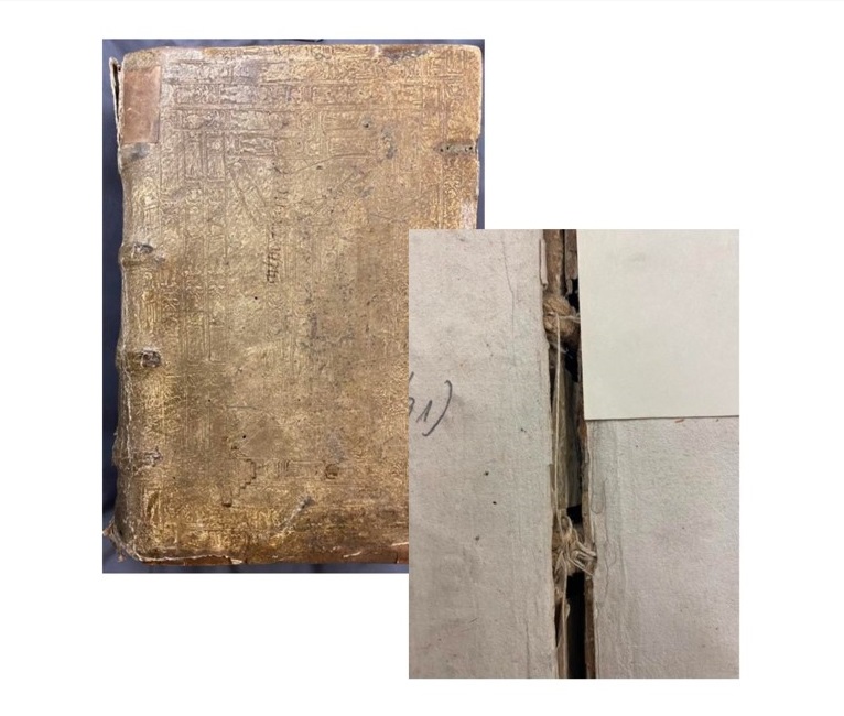 A worn tan cover of an old book and a close-up of the inside of the spine. 