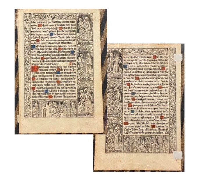 The inside of an old volume, decorated with an ornate printed border and black calligraphy text. There are blue and red highlights throughout. 