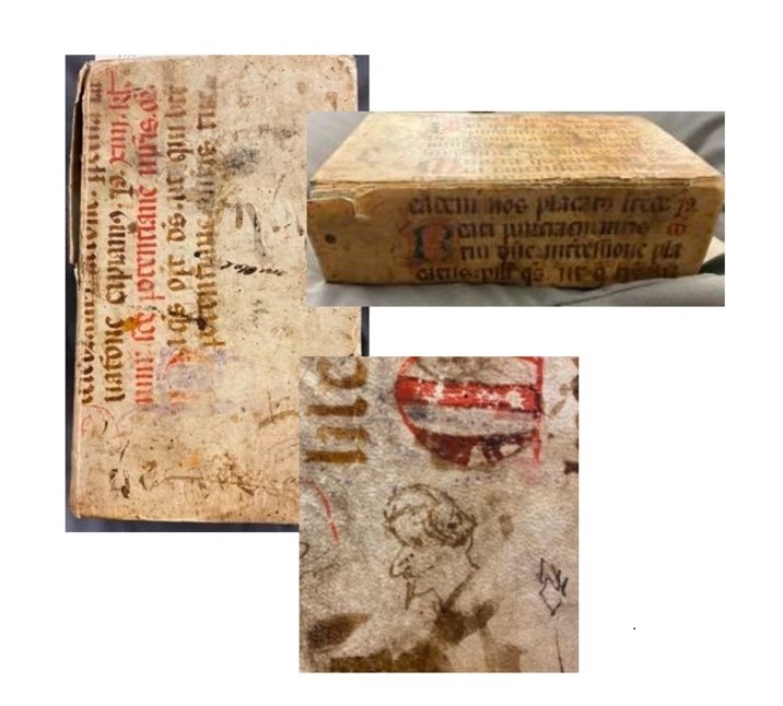Three images of a very old volume, with a light tan cover, and red and brown script. There are small doodled illustrations on one page. 