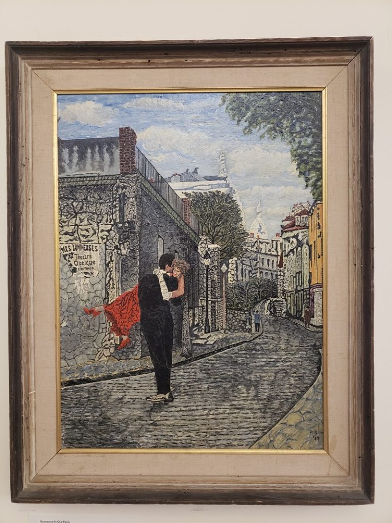 A painting of a man in black carrying a woman in a red dress bridal-style, down a Paris street. He kisses her cheek as he walks. 