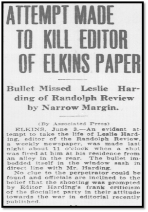 A newspaper clipping reading "Attempt Made to Kill Editor of Elkins Paper: Bullet Missed Lesllie Hardling of Randolph Review by Narrow Margin."