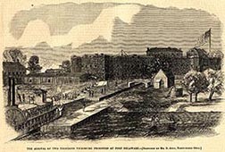 A sepia-toned postcard illustration of Fort Delaware during the Civil War. 