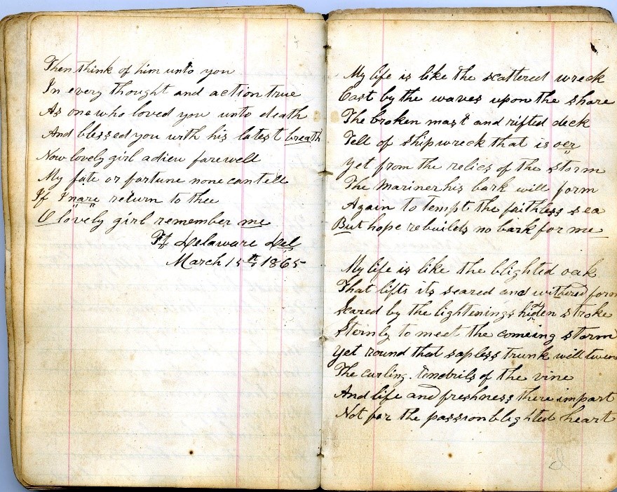 An open notebook with a spread of very neat cursive writing. The lefthand page is filled halfway, and the righthand page is almost completely filled. 