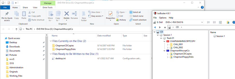 A screenshot of file windows in IsoBuster and Windows Explorer. 
