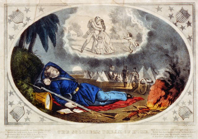 A painting of a solider in a blue uniform asleep on the battlefield, dreaming of dancing with a woman.